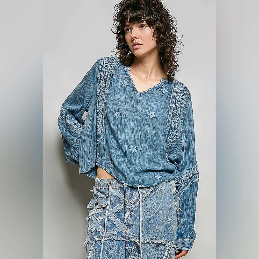 PT29 POL Blue Embroidered V-Neck Top